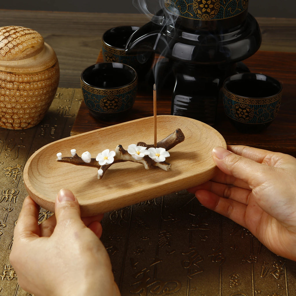 Ceramic Handicraft Simulation Plum Blossom Incense Burner Stick Incense Holder with Wooden Ash Tray Buddhism Supplies Home Decor
