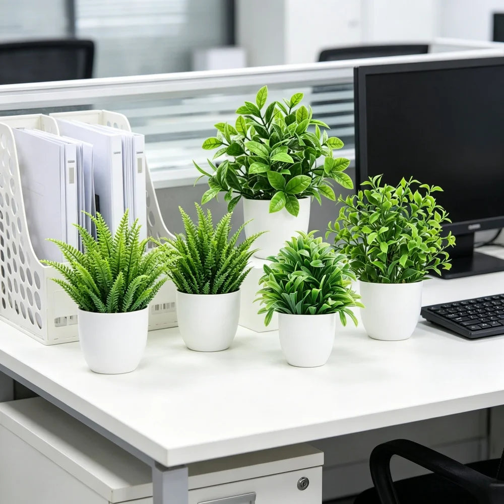 4pcs/set Mini Artificial Plants Potted Indoor Outdoor Decor Green Bonsai for Home Garden Office Living Room Decoration Ornament
