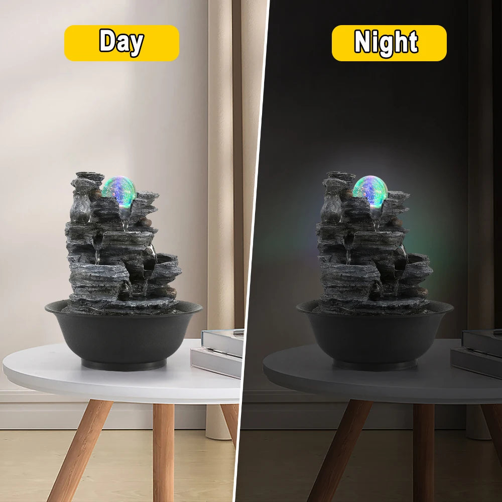 Indoor Tabletop Decorative Feng Shui Waterfall Fountain with Colored LED Light Mini Waterfalls Landscape Home Ornament Gift