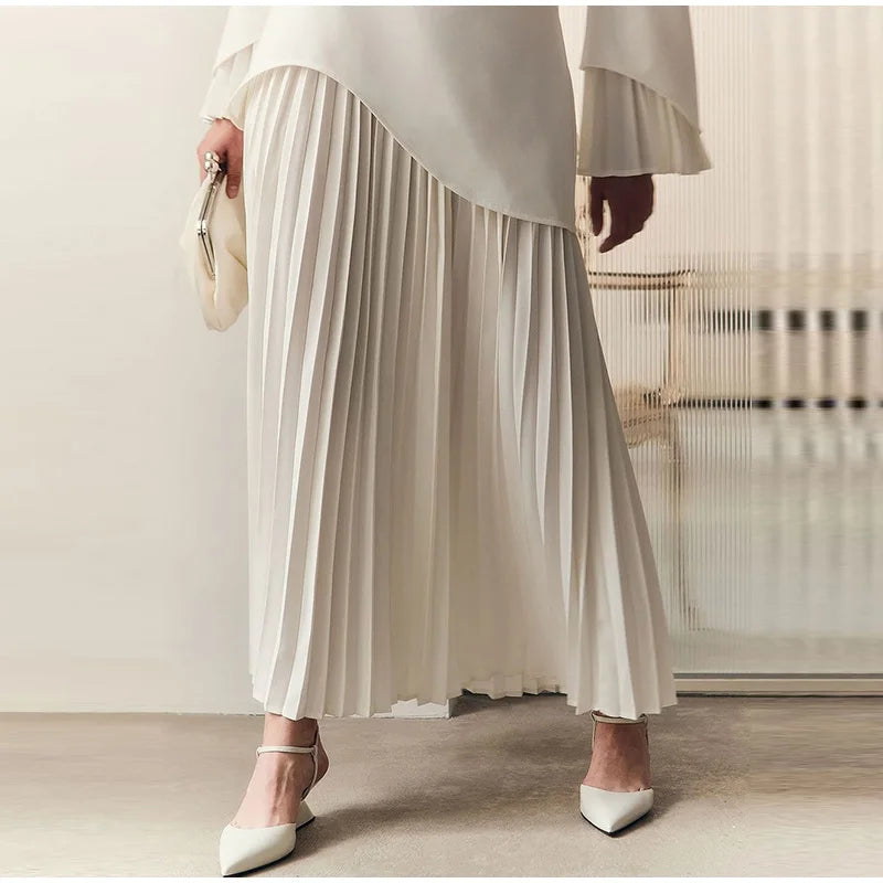 2025 Women Fashion O-neck Patchwork Long Dress Elegant Solid Flare sleeve Pleated High Waist Slim Dresses Lady Summer Chic Robes