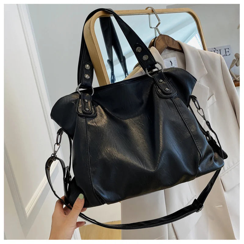 Big Black Shoulder Bags for Women Large Hobo Shopper Bag Solid Color Quality Soft Leather Crossbody Handbag Lady Travel Tote Bag