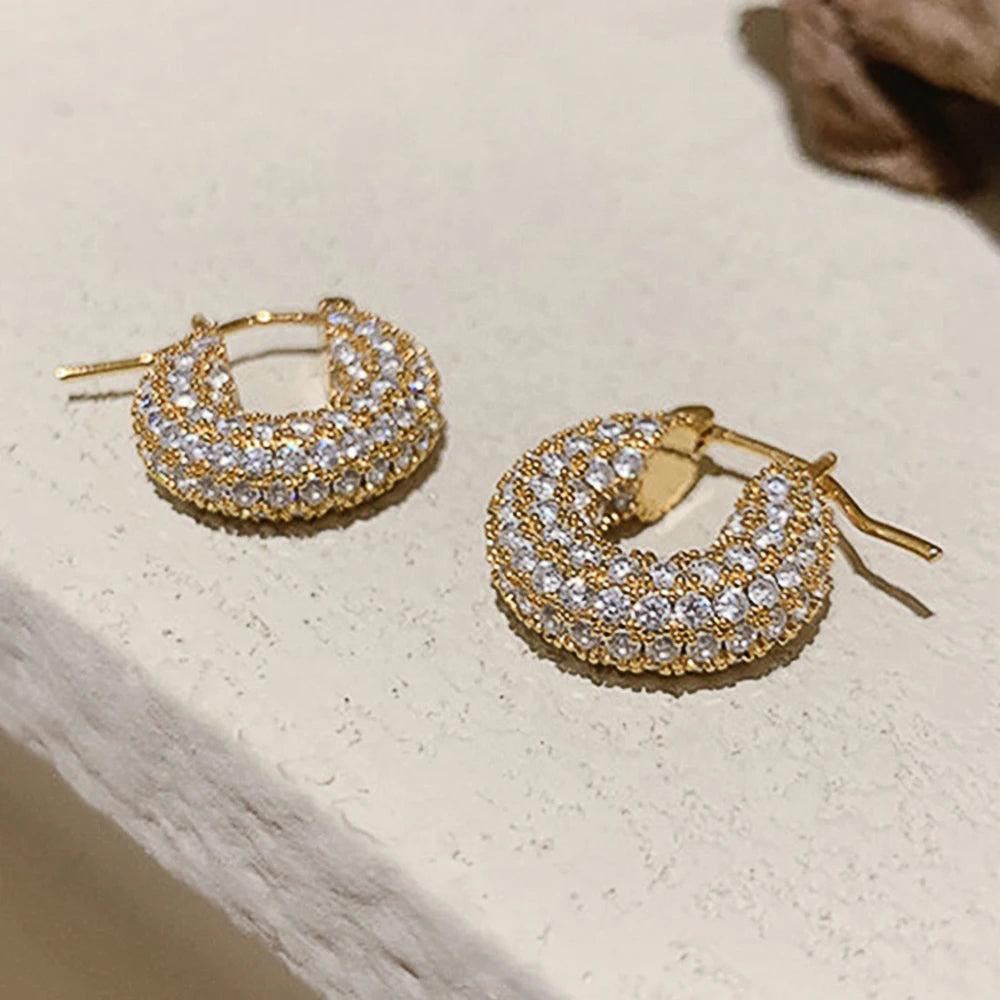 Huitan Big/Small Two Sizes Hoop Earrings for Women Full Paved CZ Stone Bling Bling Female Circle Earrings Temperament Jewelry