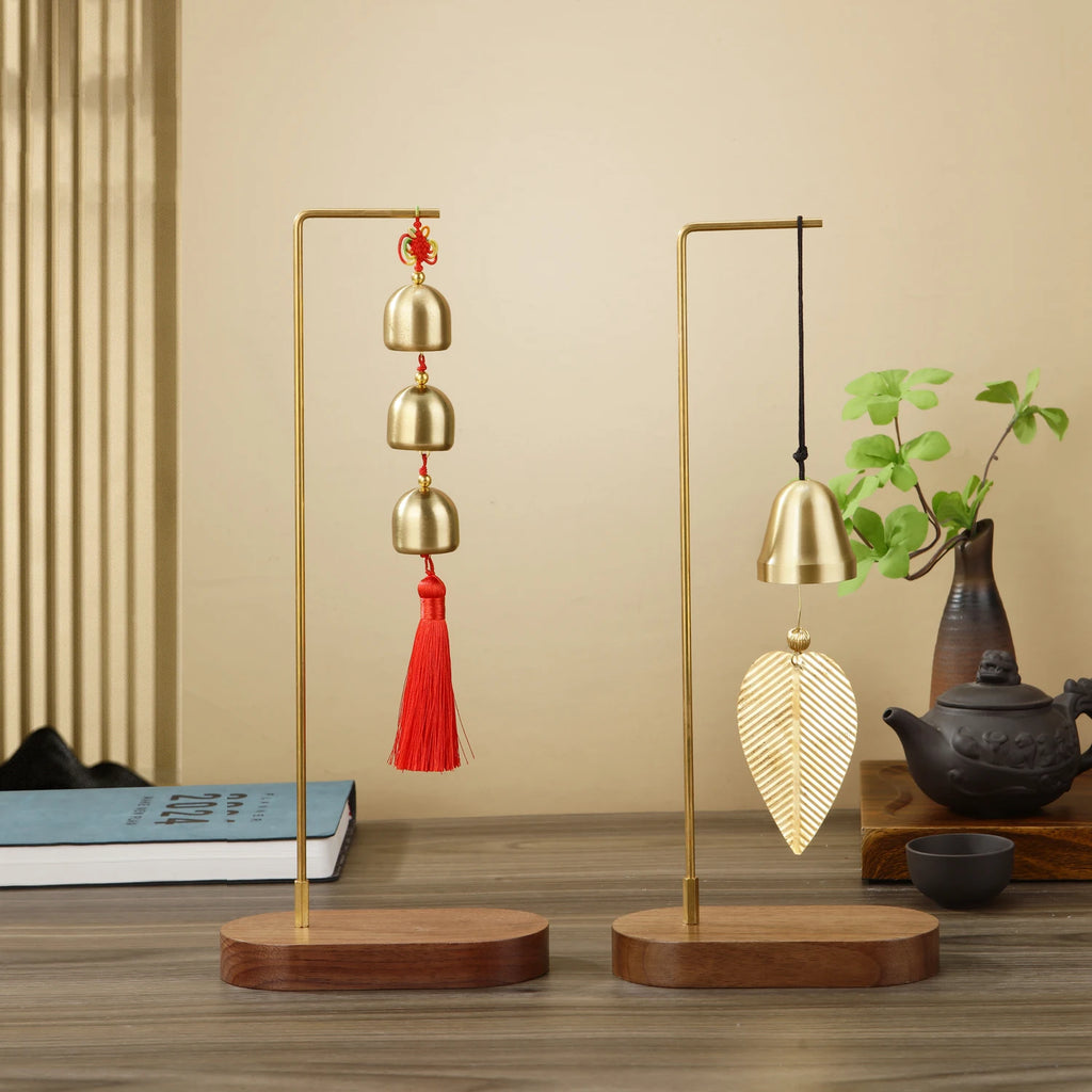 Copper Wind Chime with Walnut Base Hanging Ornaments Home Balcony Decor Car Pendant Gift Home Decoration Accessories