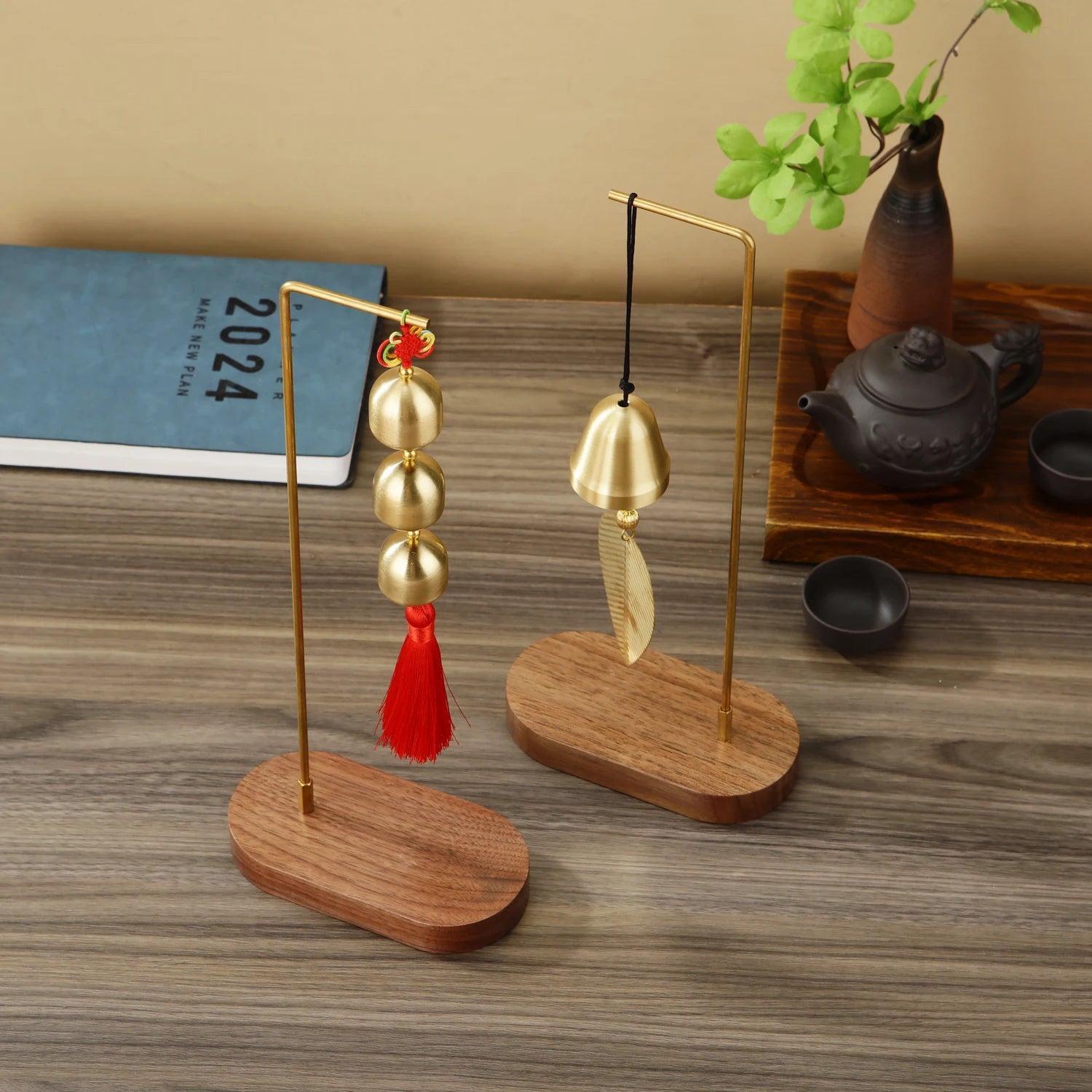 Copper Wind Chime with Walnut Base Hanging Ornaments Home Balcony Decor Car Pendant Gift Home Decoration Accessories