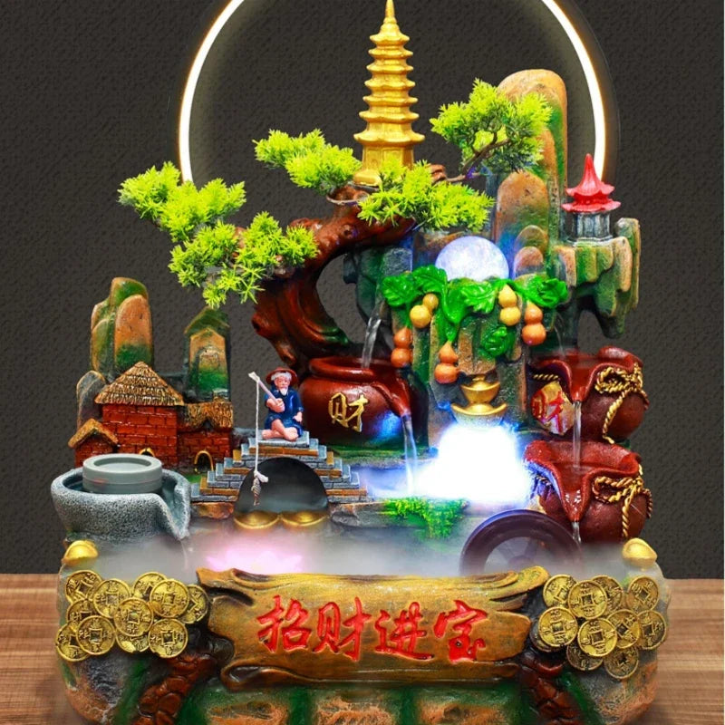 Indoor Fountain with Fish Tank Feng Shui Resin Waterwheel Relaxing Fog Water Feature for Home & Office Décor Water Feature