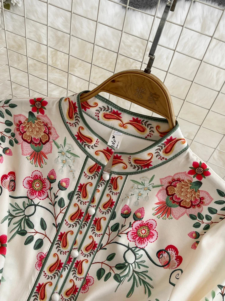 2026 Runway Luxury Designer Dresses Women Stand Neck Long Sleeve Floral Print With Belt Boho Holiday Dress Flower Long Robes