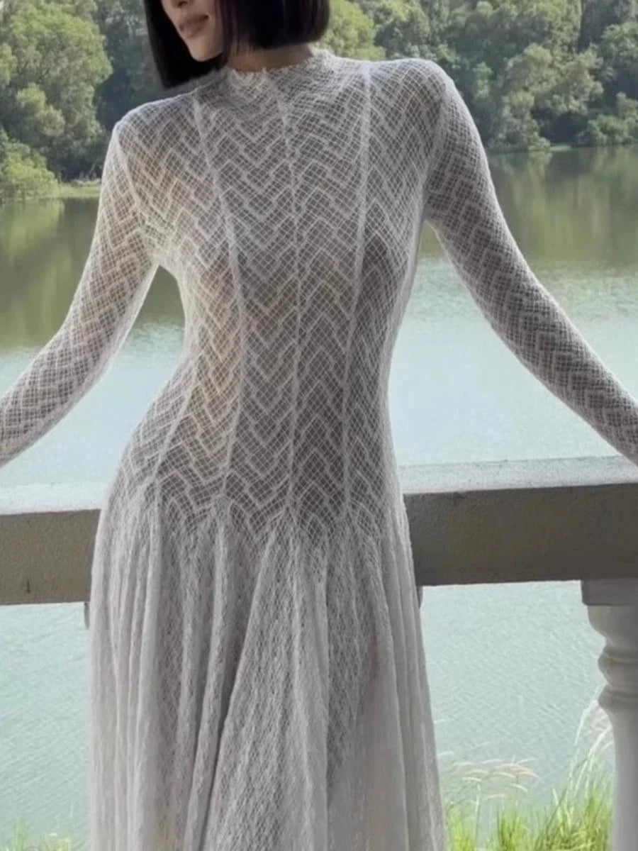TWOTWINSTYLE Solid Slimming Spliced Ruffles Dresses for Women Round Neck Long Sleeves Patchwork Hollow Out Dress Female Clothing
