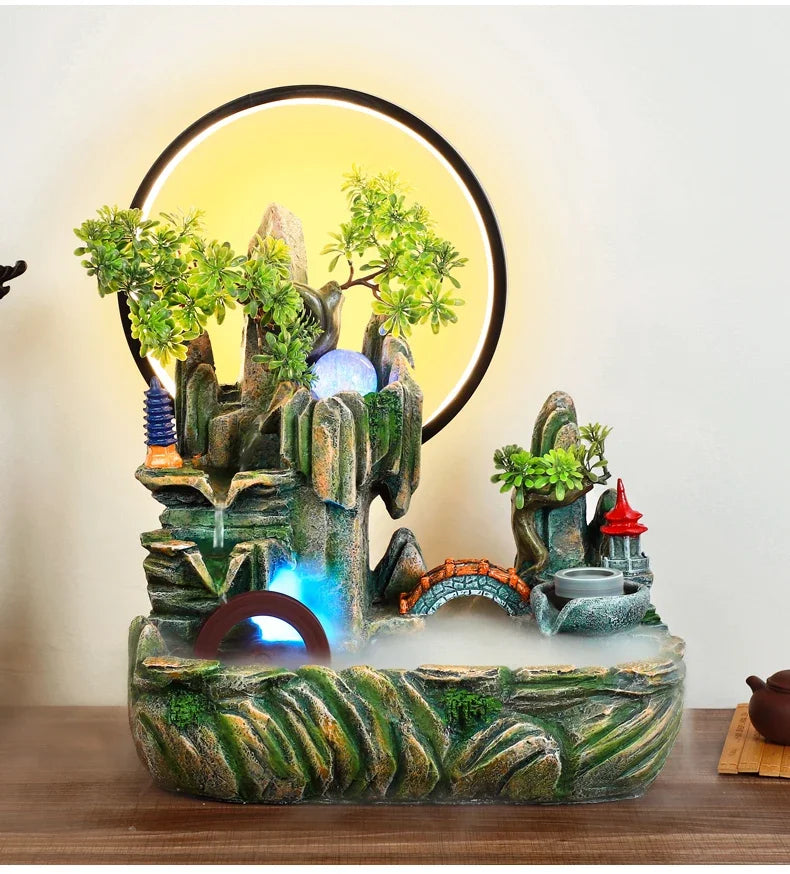 Indoor Fountain with Fish Tank Feng Shui Resin Waterwheel Relaxing Fog Water Feature for Home & Office Décor Water Feature