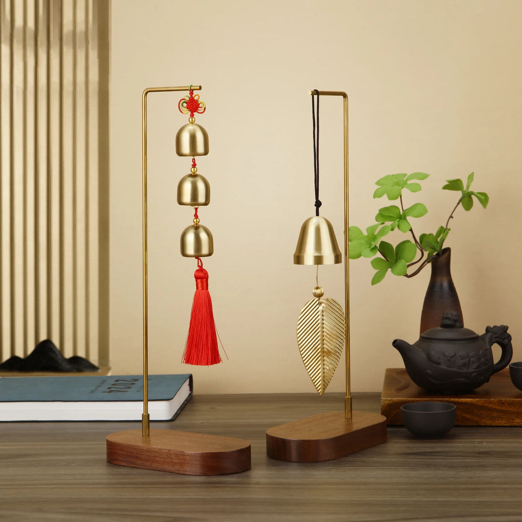 Copper Wind Chime with Walnut Base Hanging Ornaments Home Balcony Decor Car Pendant Gift Home Decoration Accessories