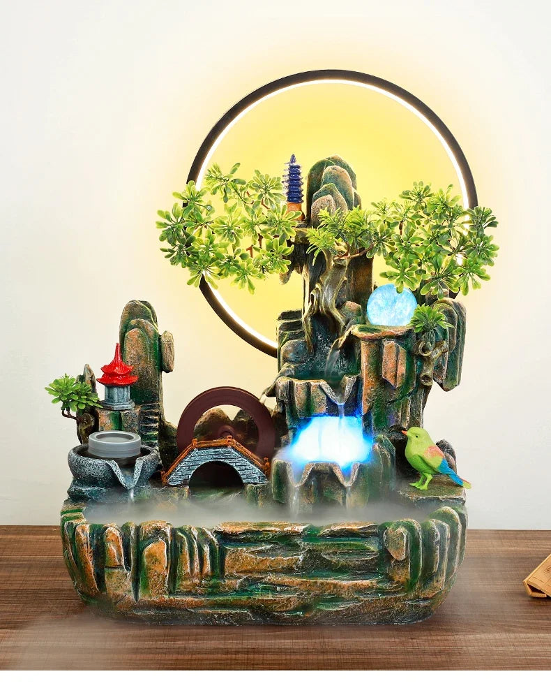 Indoor Fountain with Fish Tank Feng Shui Resin Waterwheel Relaxing Fog Water Feature for Home & Office Décor Water Feature
