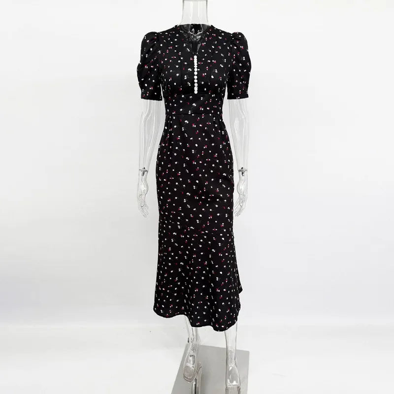 Tuularose Elegant Printed Long Dress Black V Neck Bubble Sleeve Summer Party Dresses Luxury Contrast Vintage Women Evening Dress