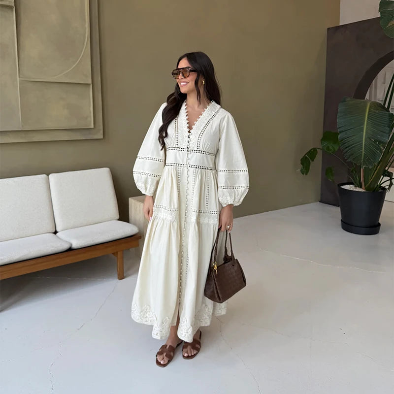 Elegant V Neck Long Puff Sleeve Embroidery Female Dress Chic Hollow Out A line Madi Dresses for Women Fashion Spring Lady Robes