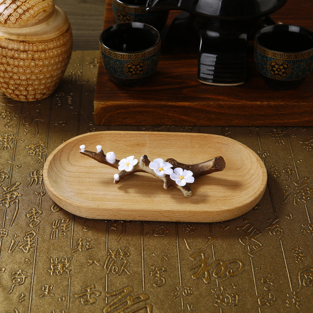 Ceramic Handicraft Simulation Plum Blossom Incense Burner Stick Incense Holder with Wooden Ash Tray Buddhism Supplies Home Decor