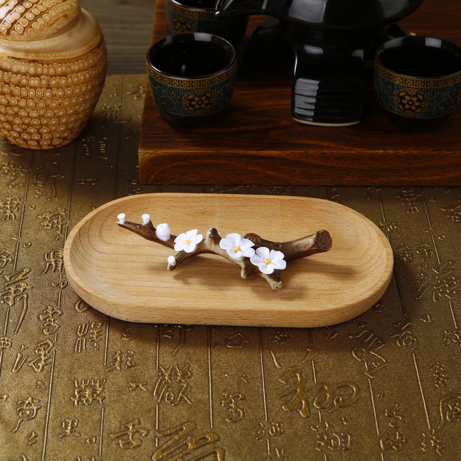 Ceramic Handicraft Simulation Plum Blossom Incense Burner Stick Incense Holder with Wooden Ash Tray Buddhism Supplies Home Decor