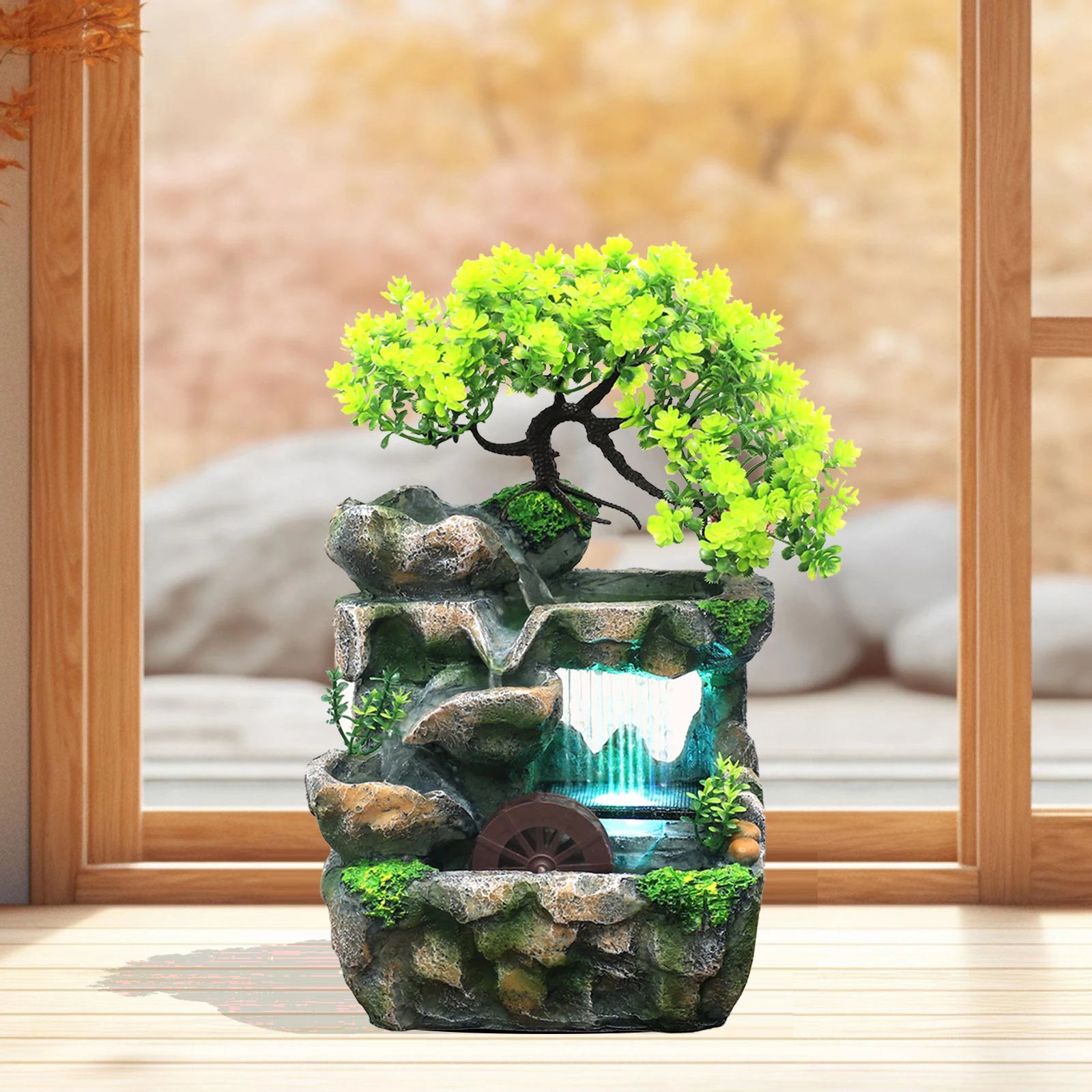 Desktop Small Rockery Simulation Tree Flowing Water Fountain And Rain Scenery for Meditation Yoga Room Creative Decorative