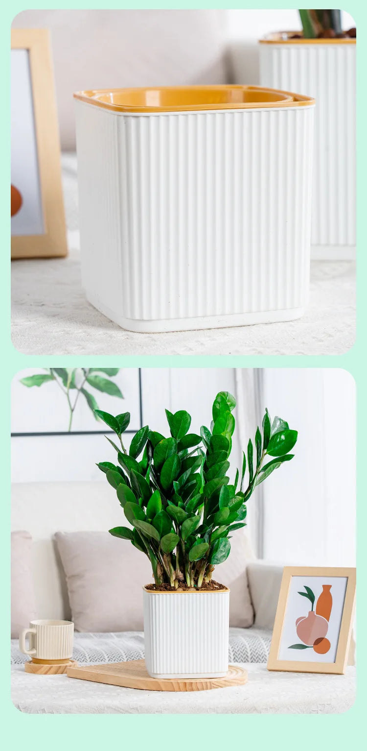 Self-Watering Flower Pot for Lazy People Nordic Style Vertical Striped Square Thickened Plastic Resin Indoor Balcony Green Plant