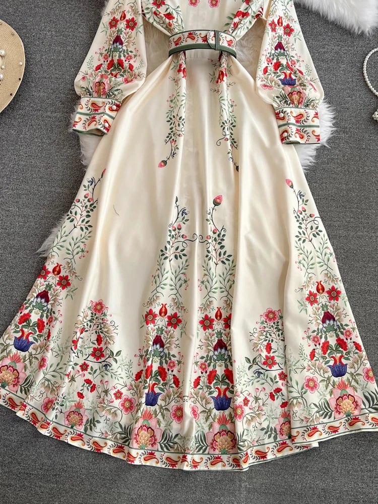 2026 Runway Luxury Designer Dresses Women Stand Neck Long Sleeve Floral Print With Belt Boho Holiday Dress Flower Long Robes