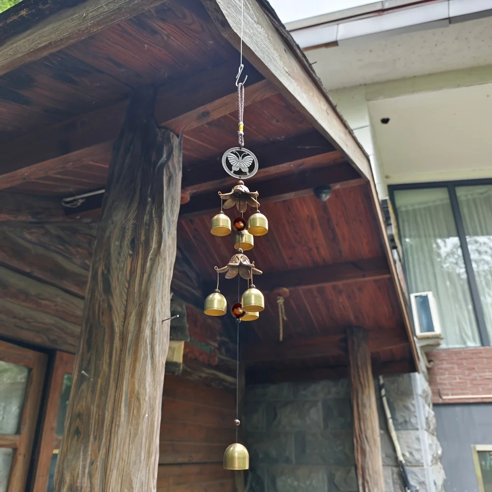 Wind Chime Featuring a Double Metal Bell Pendant, Brass-Colored, Ideal for Decorating Your Home Or Patio Wall, And Makes a