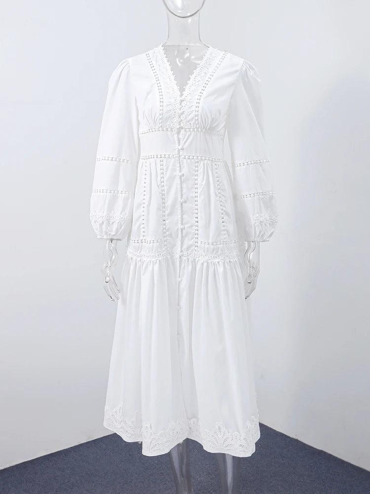 Elegant V Neck Long Puff Sleeve Embroidery Female Dress Chic Hollow Out A line Madi Dresses for Women Fashion Spring Lady Robes