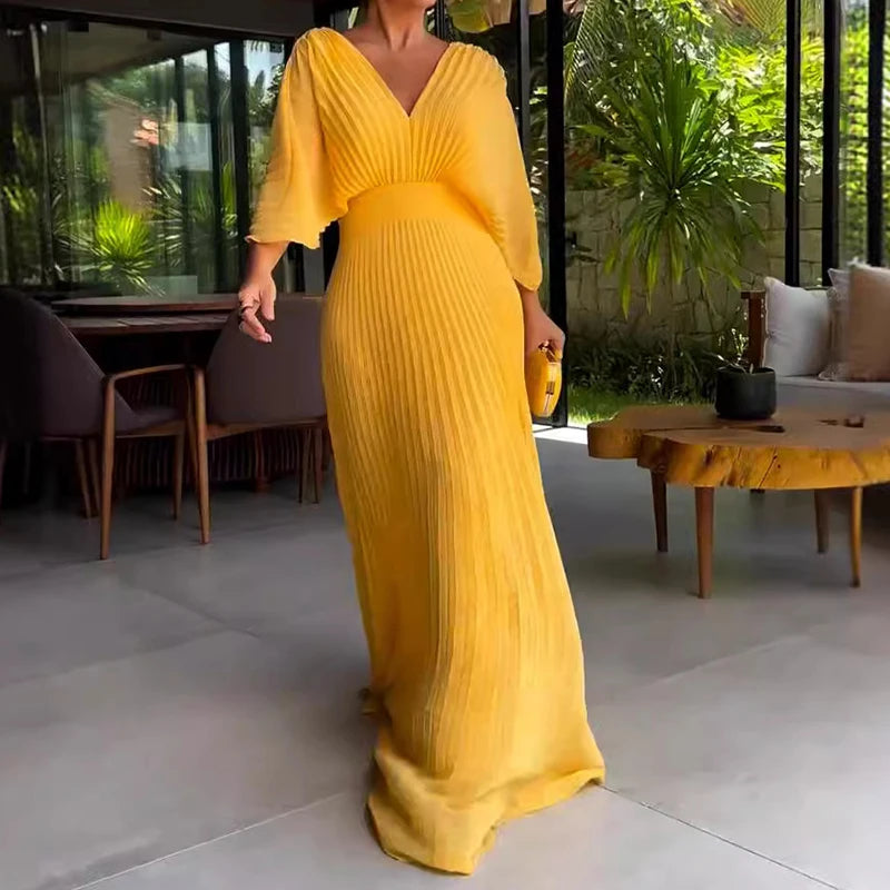 Elegant V-neck Waist Evening Dress Women Casual 3/4 Sleeve Solid Pleated Maxi Dress Spring Autumn Fashion Pullover Party Dresses