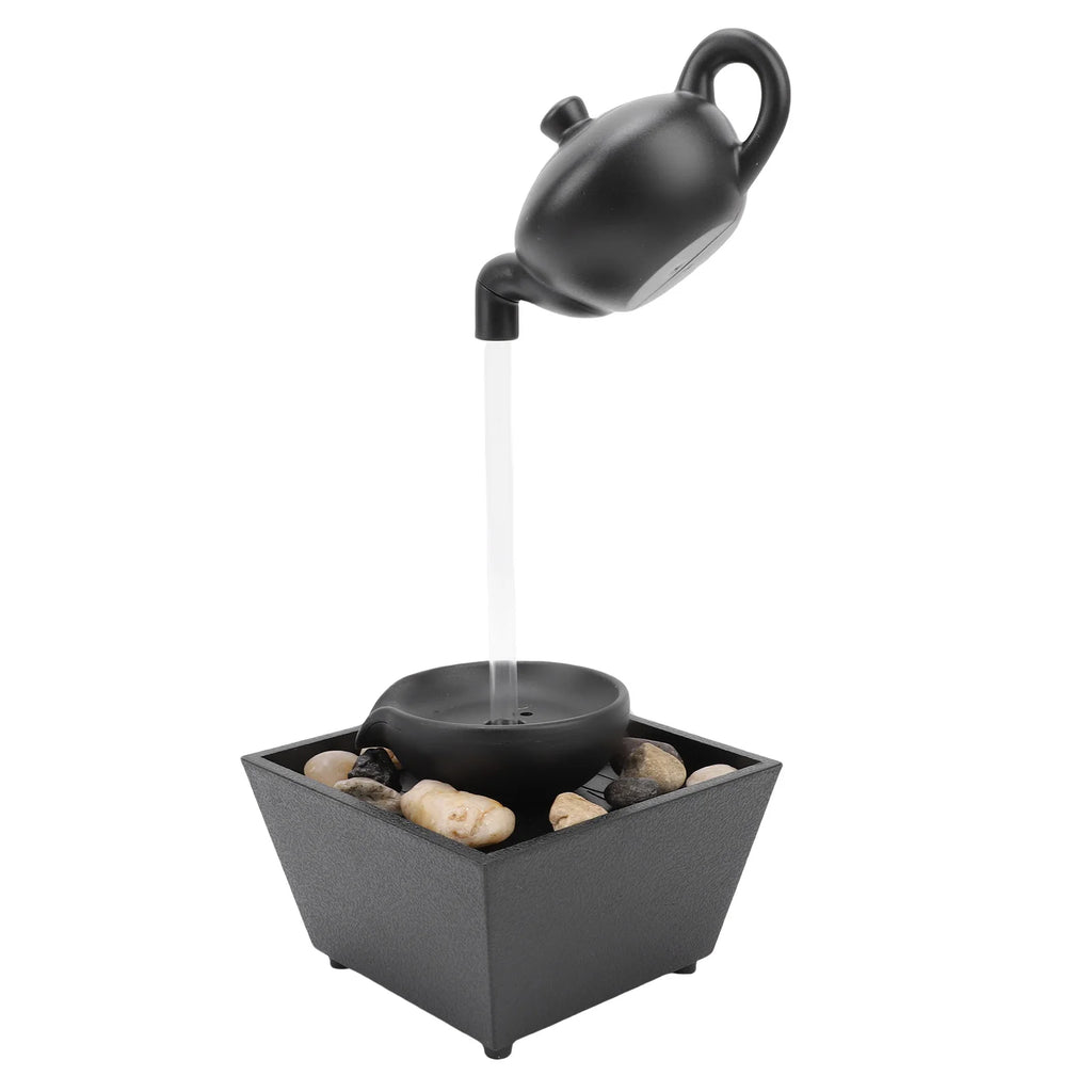 Floating Teapot Water Fountain Ornament Indoor Tabletop Waterfall Decoration with LED Light Stones Home Office Table Decor