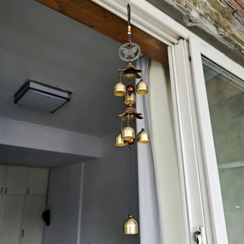 Wind Chime Featuring a Double Metal Bell Pendant, Brass-Colored, Ideal for Decorating Your Home Or Patio Wall, And Makes a