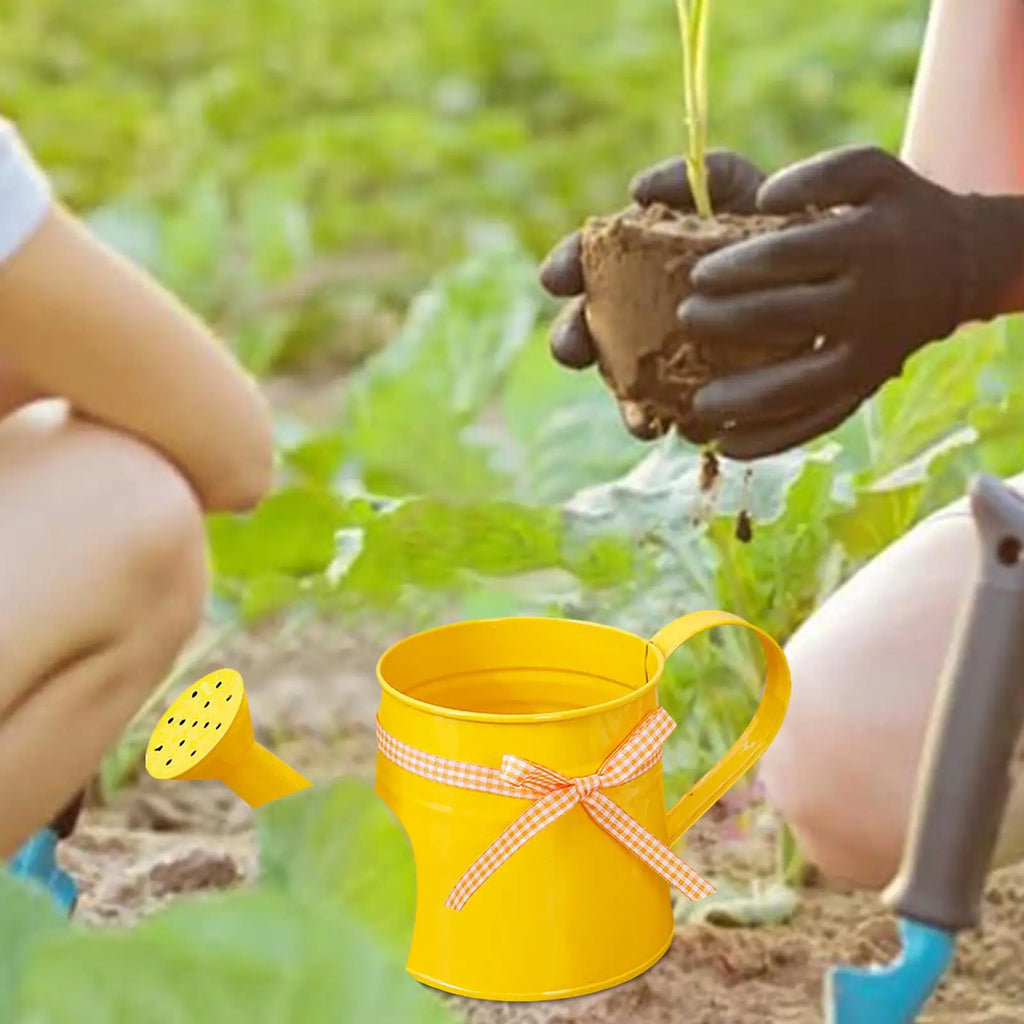 Indoor Watering Can 1L Metal Pot with Sprinkler Head and Gingham Ribbon Modern Plant Watering Cans for Home Office Balcony