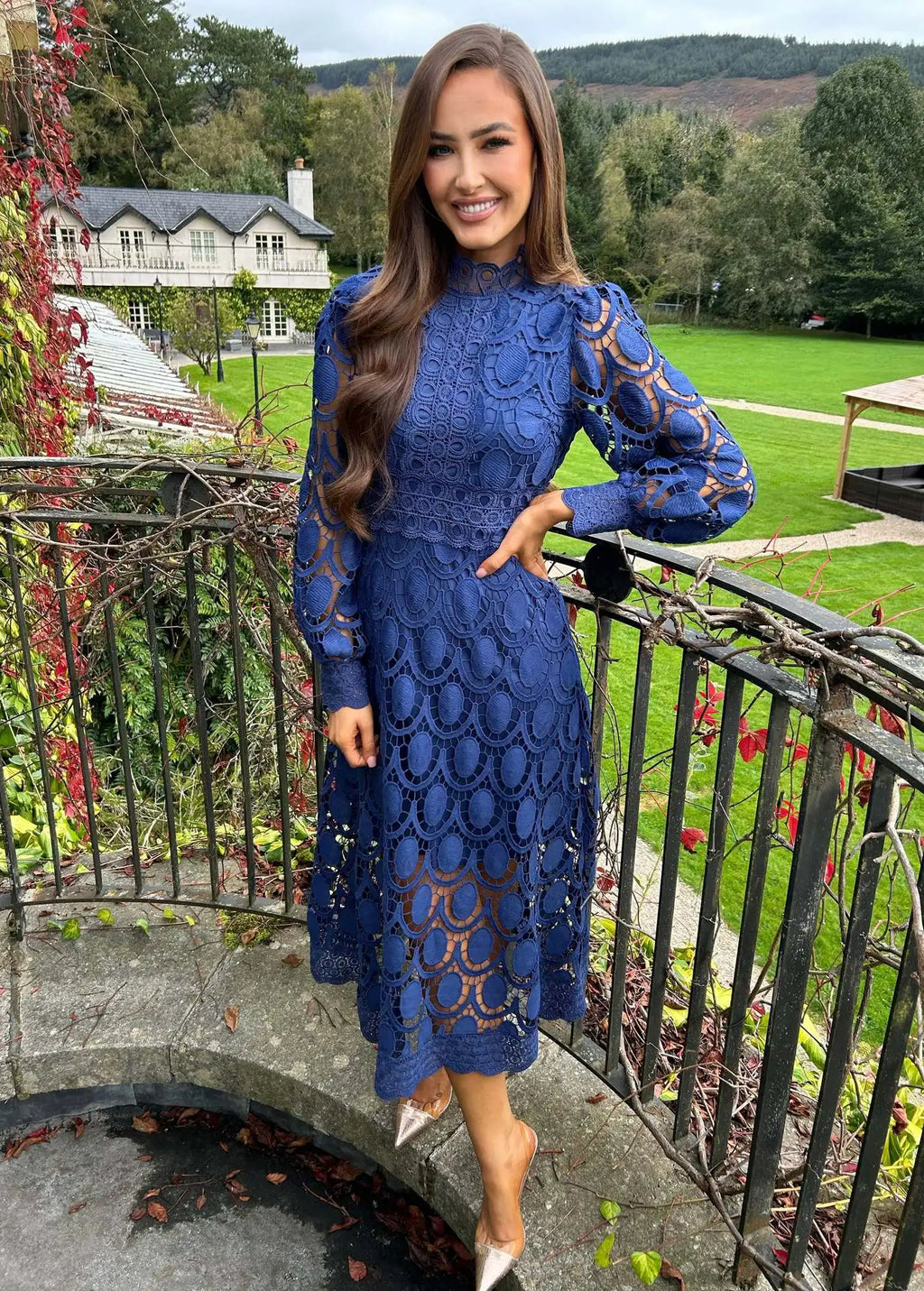 Lace Puff Sleeve Long Dress Women 2025 Spring Elegant New Fashionable Stand Collar High Waist Slim Dresses