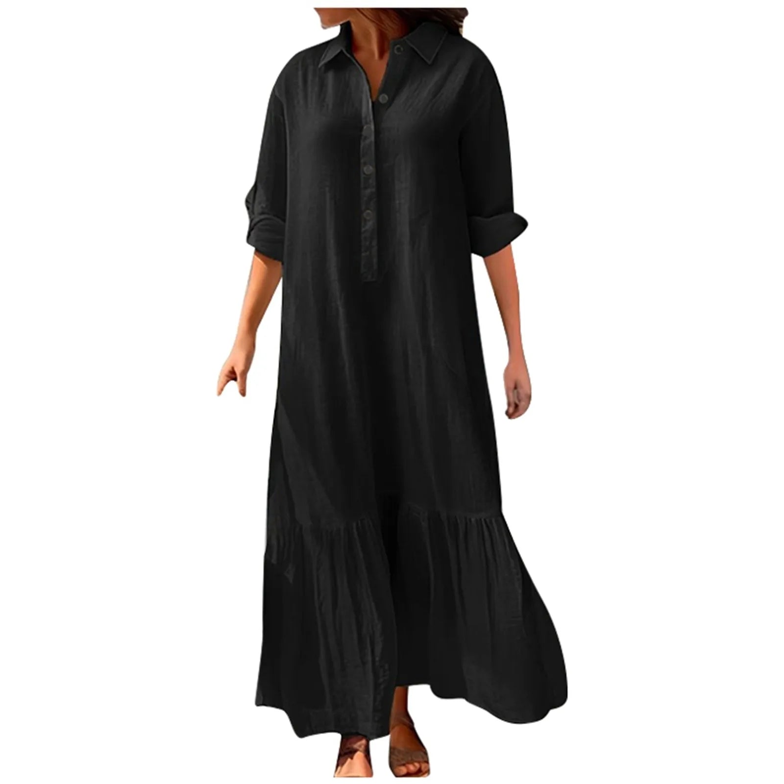 2024 Summer Cotton Linen Women Dress Black Loose Long Sleeve Shirt Dresses Female Summer Casual Oversize Elegant Clothes Ladies