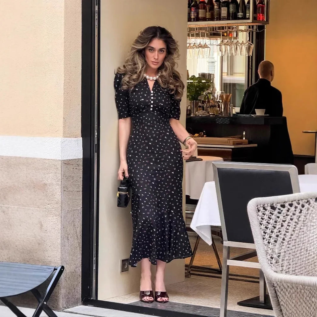 Tuularose Elegant Printed Long Dress Black V Neck Bubble Sleeve Summer Party Dresses Luxury Contrast Vintage Women Evening Dress