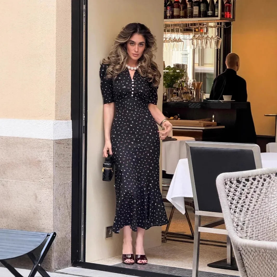 Tuularose Elegant Printed Long Dress Black V Neck Bubble Sleeve Summer Party Dresses Luxury Contrast Vintage Women Evening Dress