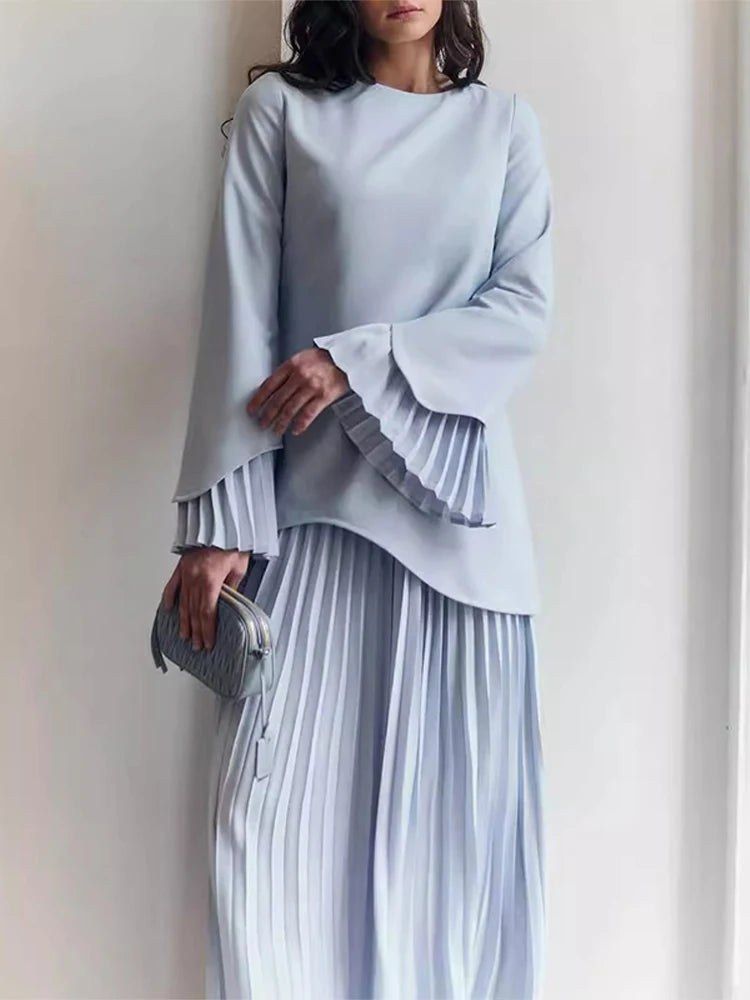 2025 Women Fashion O-neck Patchwork Long Dress Elegant Solid Flare sleeve Pleated High Waist Slim Dresses Lady Summer Chic Robes