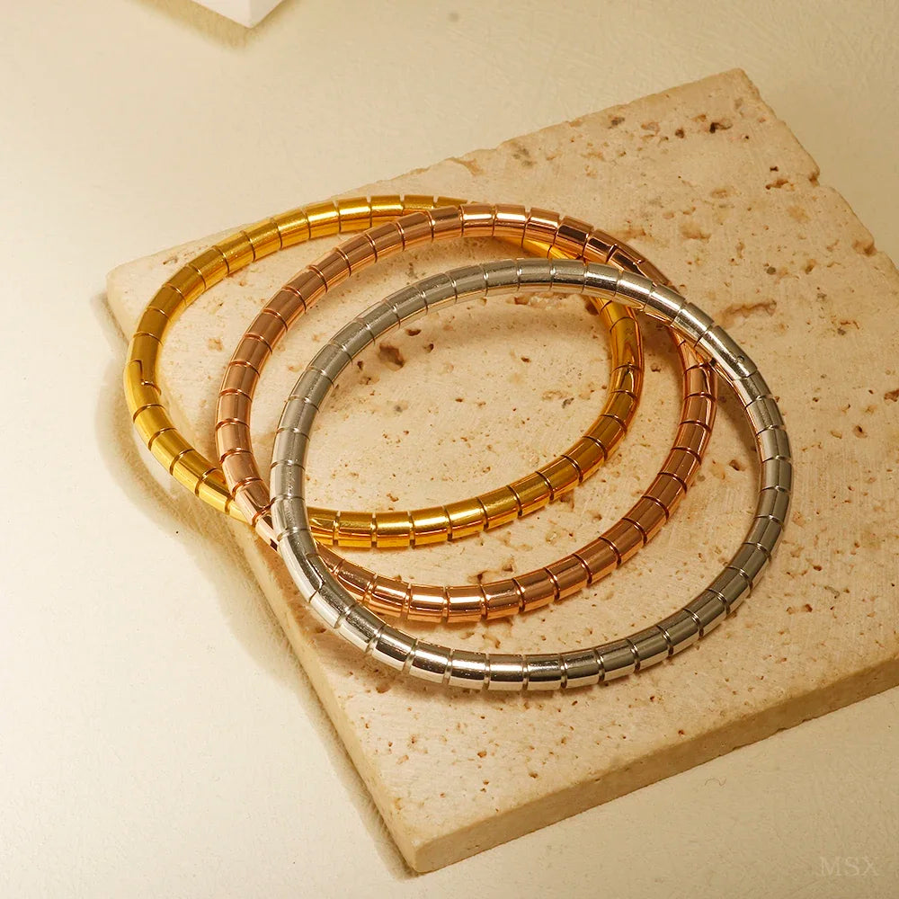 Bamboo Beads Punk Gold Plated Bangle for Women Men Trendy Stainless Steel Metal Bracelets Geometric Round Bead Jewelry Accessory