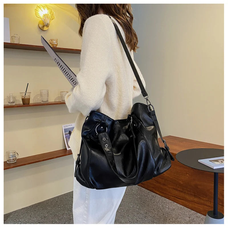 Big Black Shoulder Bags for Women Large Hobo Shopper Bag Solid Color Quality Soft Leather Crossbody Handbag Lady Travel Tote Bag