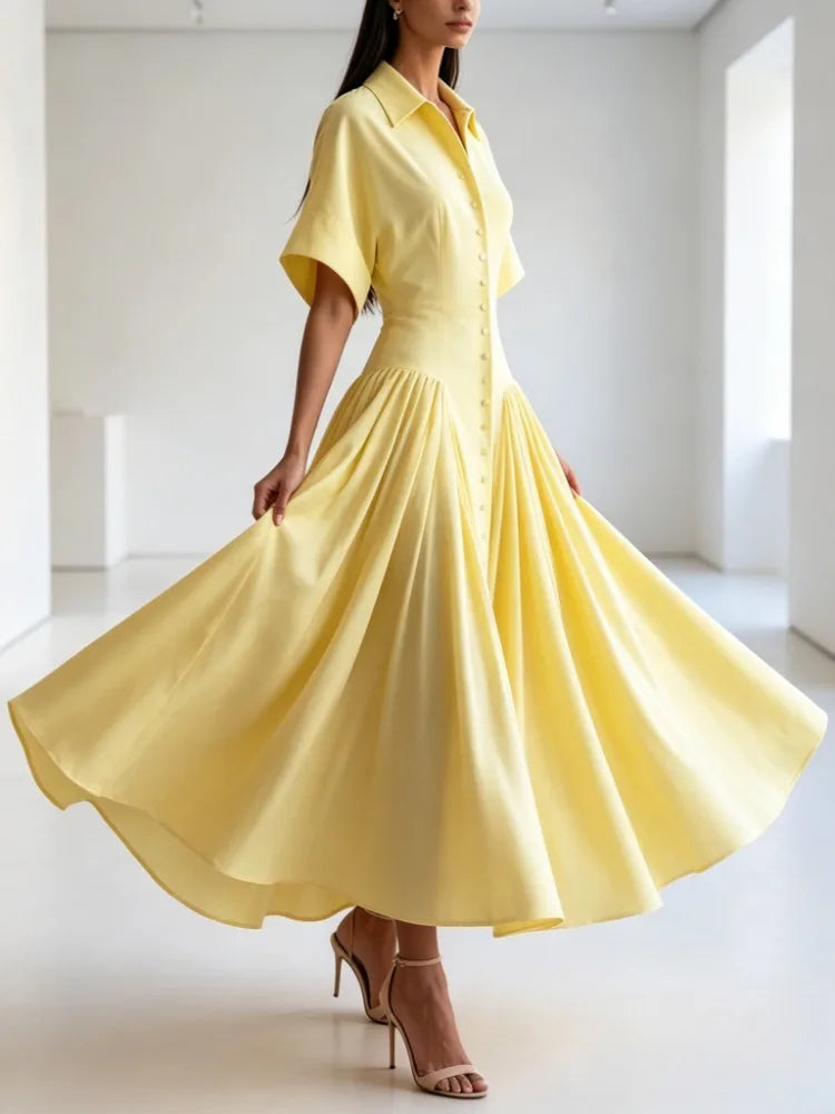 Modigirl Woman Summer Elegant Midi Dresses 2025 High Waist Lapel Neck Short Sleeves Buttoned Flowy A Line Shirt Dress for Women