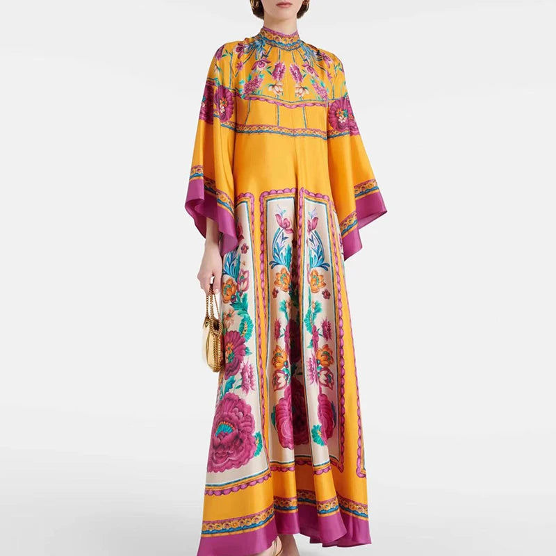Elegant Long Sleeve Loose Party Dresses Spring Vintage Pattern Printed Robe Dress Women's Stand Neck High Waist Bohemian Dress