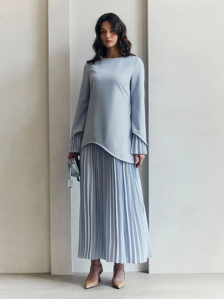 2025 Women Fashion O-neck Patchwork Long Dress Elegant Solid Flare sleeve Pleated High Waist Slim Dresses Lady Summer Chic Robes