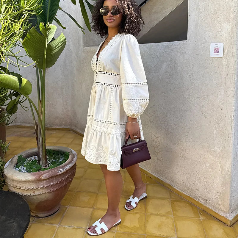 Elegant V Neck Long Puff Sleeve Embroidery Female Dress Chic Hollow Out A line Madi Dresses for Women Fashion Spring Lady Robes
