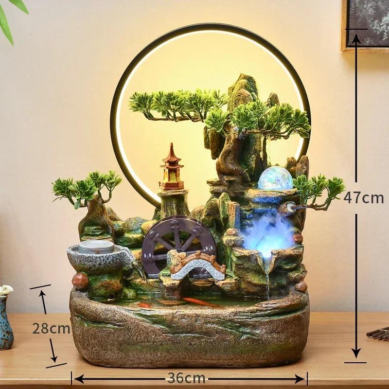Indoor Fountain with Fish Tank Feng Shui Resin Waterwheel Relaxing Fog Water Feature for Home & Office Décor Water Feature