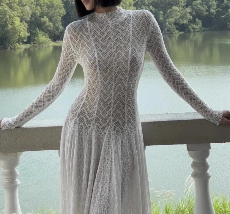 TWOTWINSTYLE Solid Slimming Spliced Ruffles Dresses for Women Round Neck Long Sleeves Patchwork Hollow Out Dress Female Clothing
