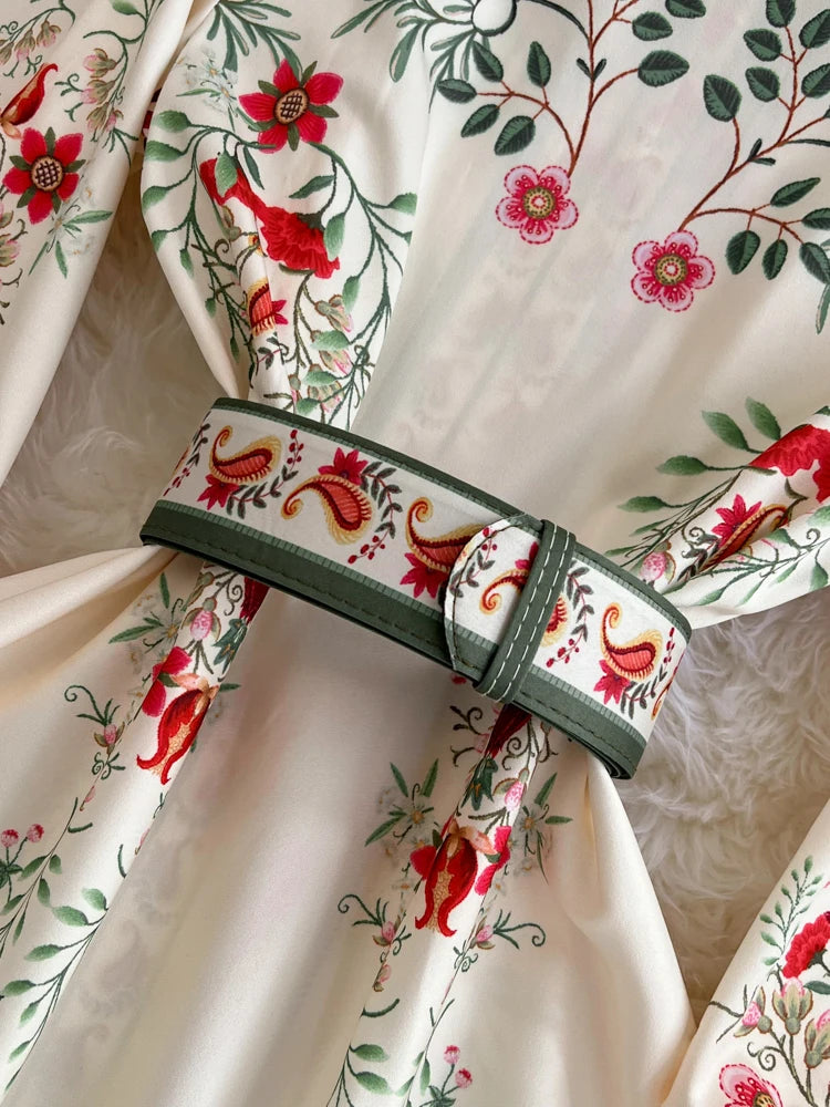 2026 Runway Luxury Designer Dresses Women Stand Neck Long Sleeve Floral Print With Belt Boho Holiday Dress Flower Long Robes
