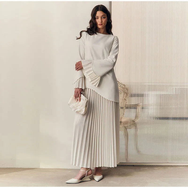 2025 Women Fashion O-neck Patchwork Long Dress Elegant Solid Flare sleeve Pleated High Waist Slim Dresses Lady Summer Chic Robes