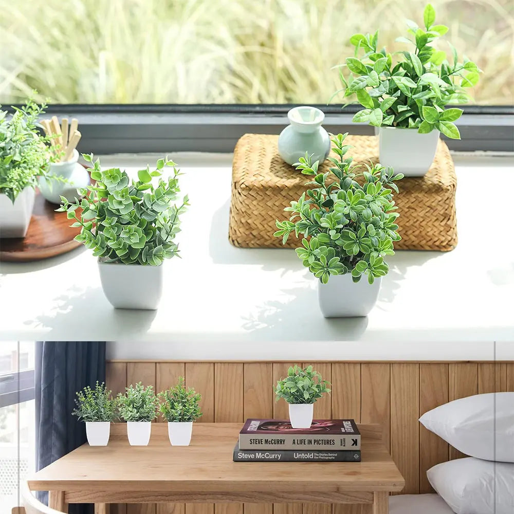 4 Different Types Mini Artificial Greenery Potted Plants White Basin for Home Office Desk Table Bathroom Decor Indoor Supplies