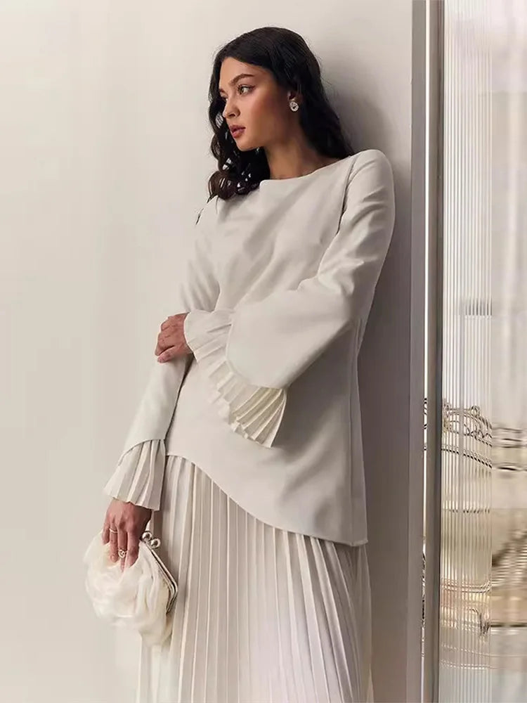 2025 Women Fashion O-neck Patchwork Long Dress Elegant Solid Flare sleeve Pleated High Waist Slim Dresses Lady Summer Chic Robes