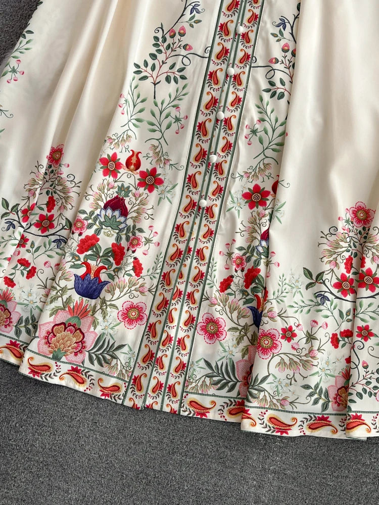 2026 Runway Luxury Designer Dresses Women Stand Neck Long Sleeve Floral Print With Belt Boho Holiday Dress Flower Long Robes
