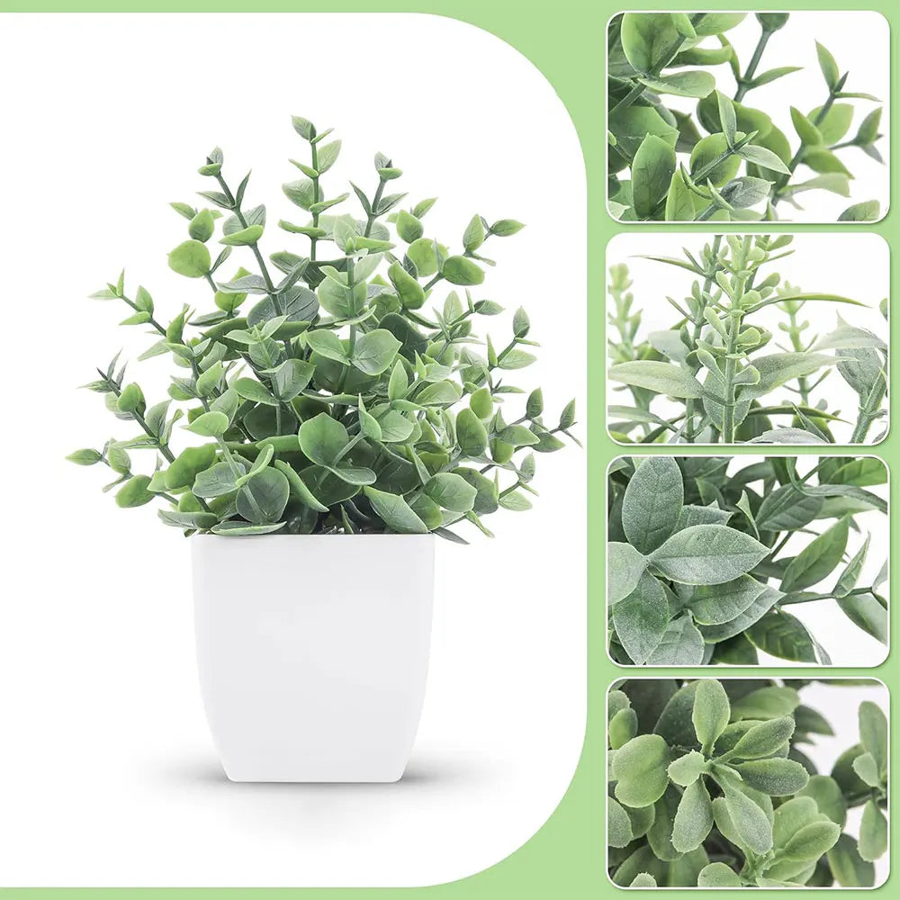 4 Different Types Mini Artificial Greenery Potted Plants White Basin for Home Office Desk Table Bathroom Decor Indoor Supplies