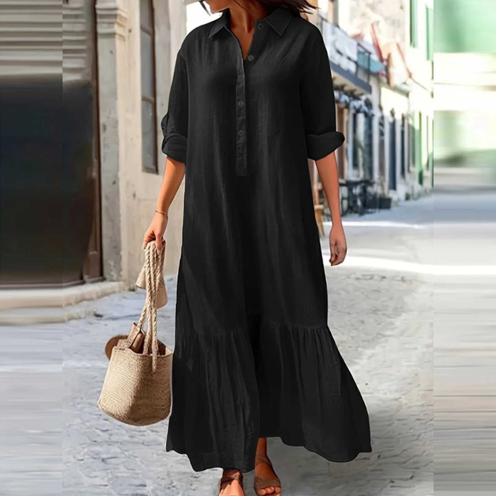 2024 Summer Cotton Linen Women Dress Black Loose Long Sleeve Shirt Dresses Female Summer Casual Oversize Elegant Clothes Ladies