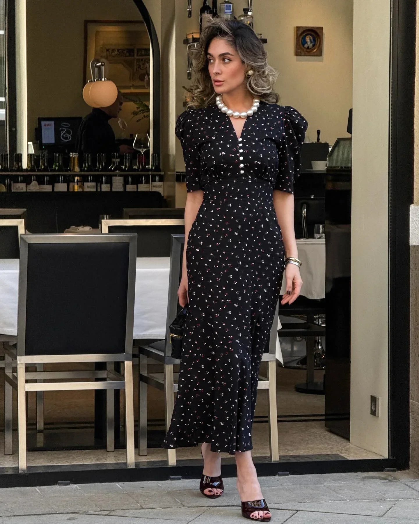 Tuularose Elegant Printed Long Dress Black V Neck Bubble Sleeve Summer Party Dresses Luxury Contrast Vintage Women Evening Dress