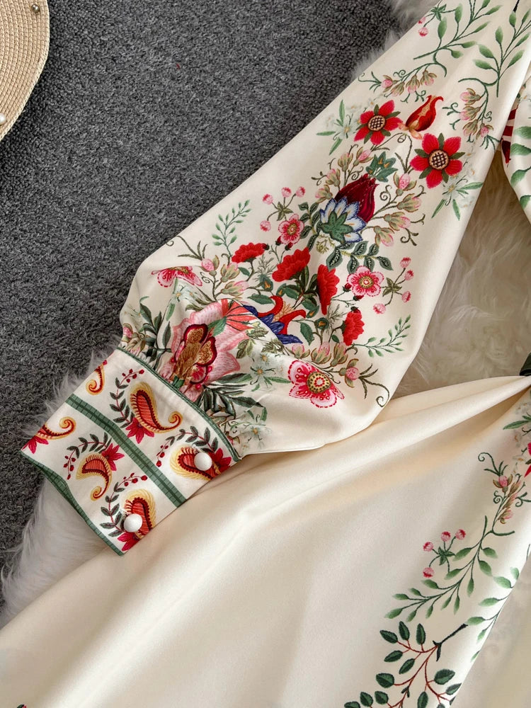2026 Runway Luxury Designer Dresses Women Stand Neck Long Sleeve Floral Print With Belt Boho Holiday Dress Flower Long Robes