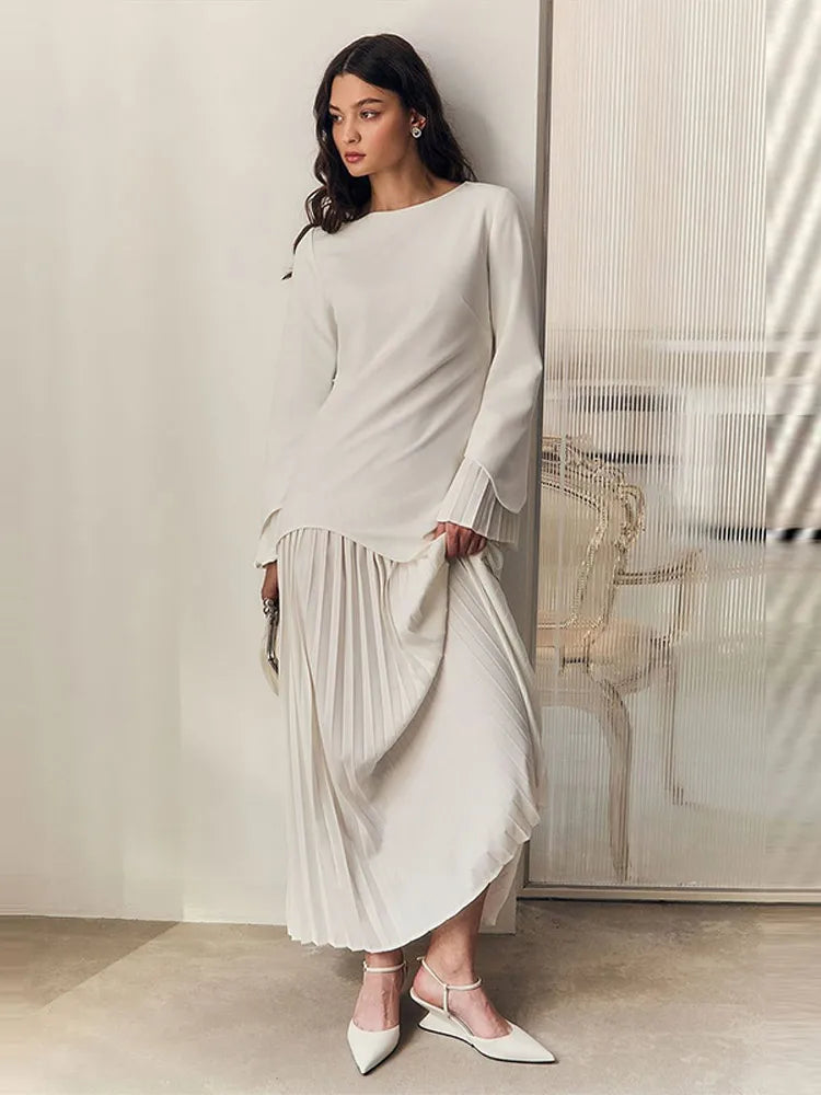 2025 Women Fashion O-neck Patchwork Long Dress Elegant Solid Flare sleeve Pleated High Waist Slim Dresses Lady Summer Chic Robes